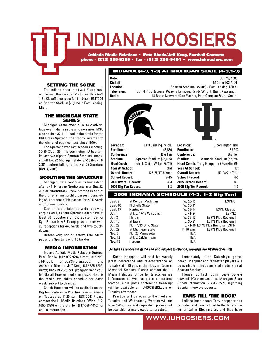 INDIANA HOOSIERS Athletic Media Relations • Pete Rhoda/Jeff Ke a G, Football Contacts Phone - (812) 855-9399 • Fax - (812) 855-9401 •