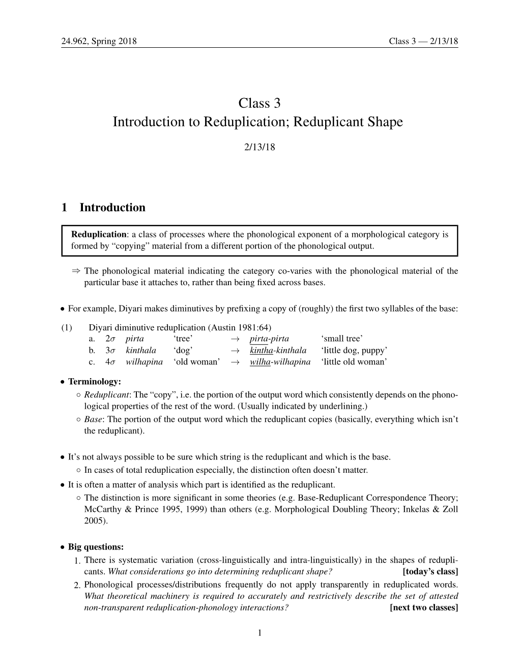 Class 3 Introduction to Reduplication; Reduplicant Shape