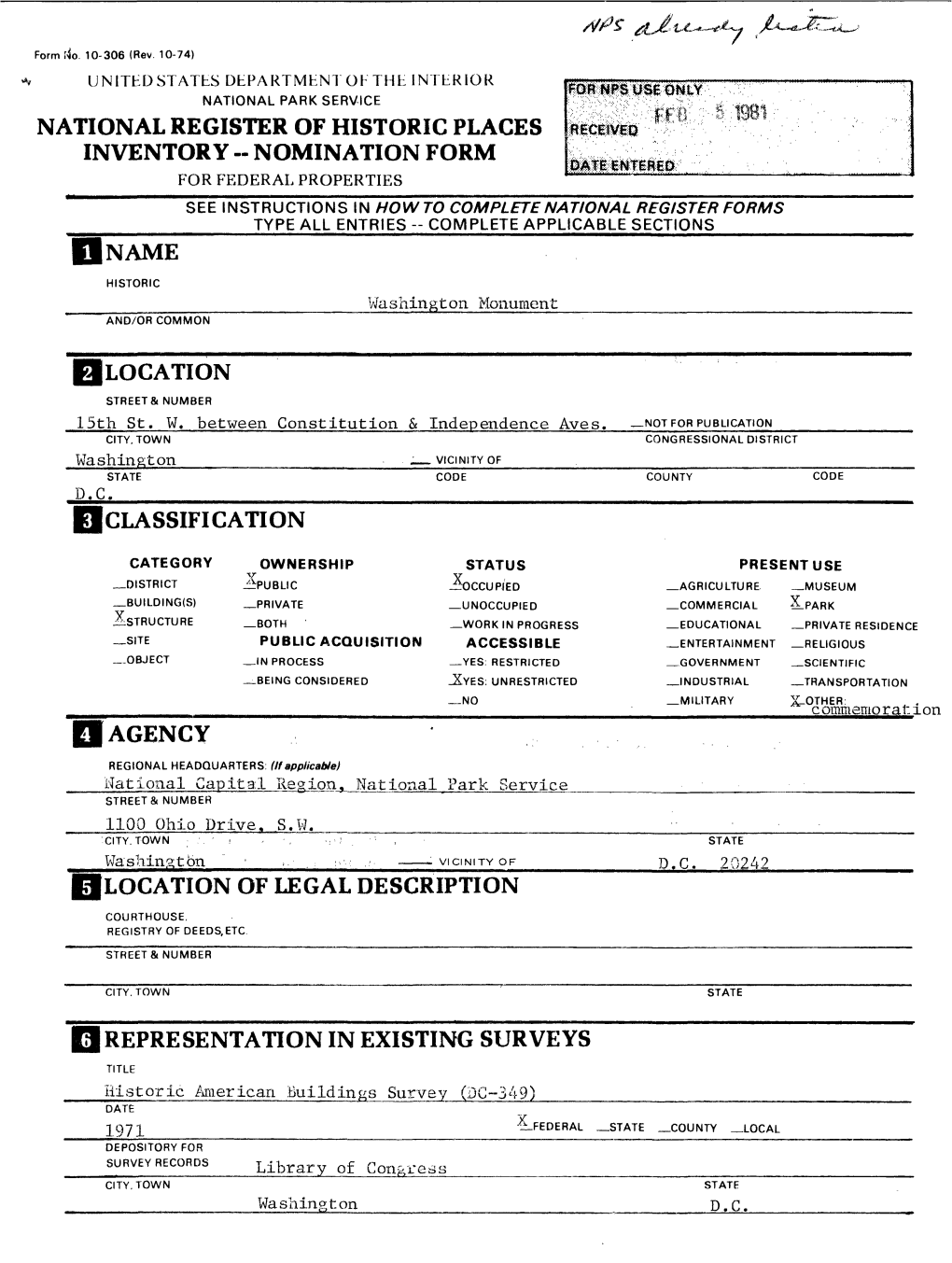 Nomination Form for Federal Properties See Instructions in Howto Complete National Register Forms ______Type All Entries -- Complete Applicable Sections______I Name