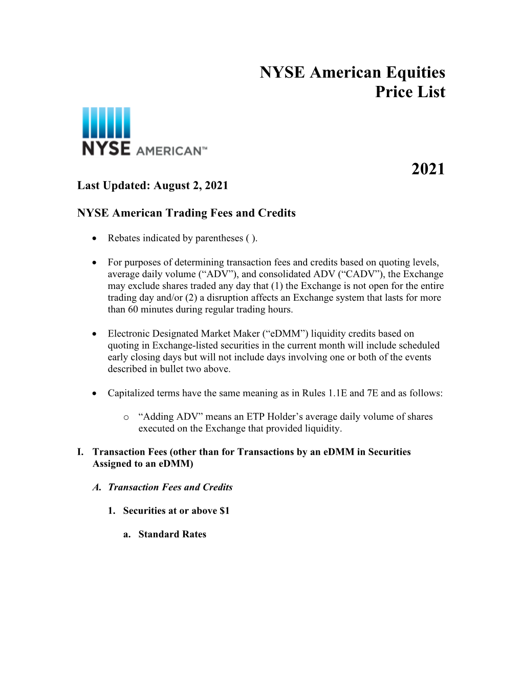 NYSE American Equities Price List 2021