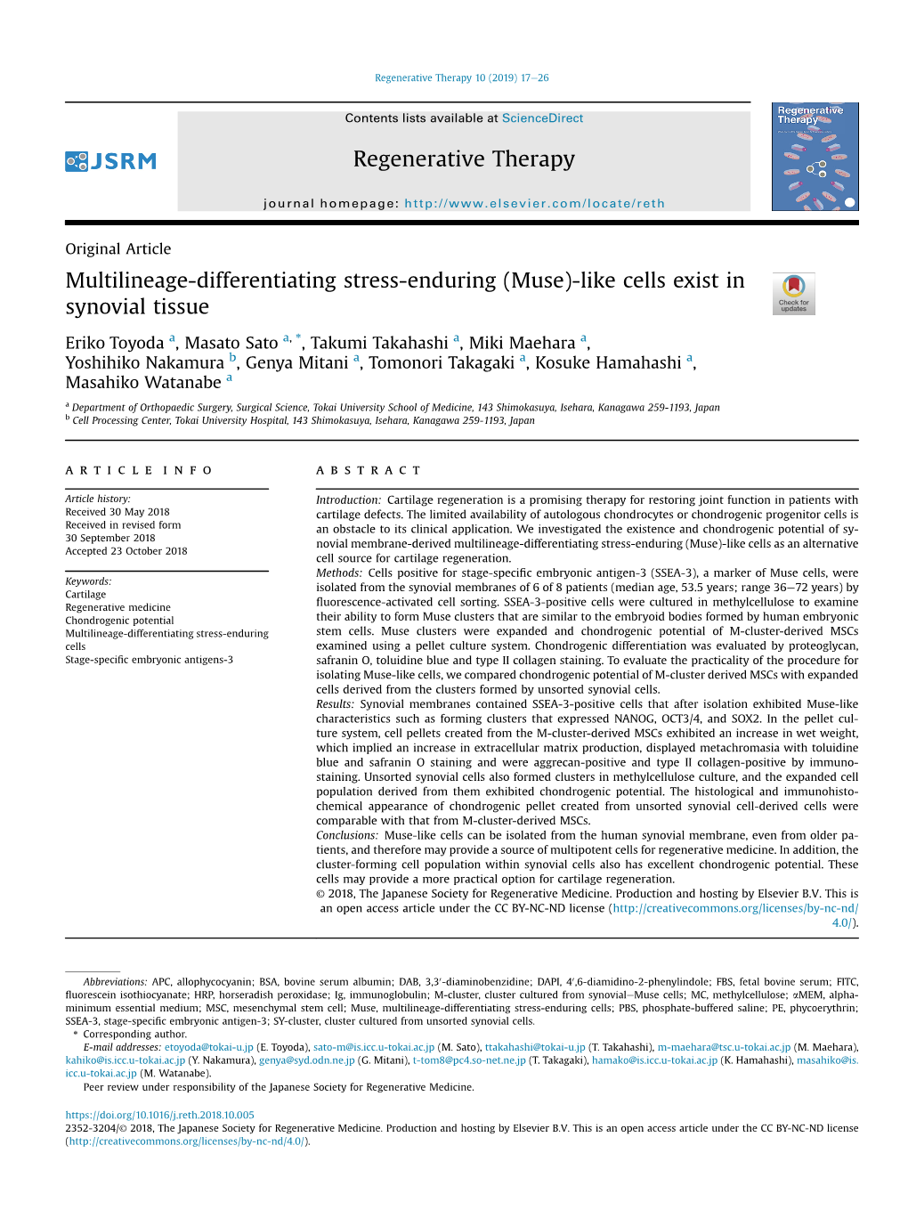 Multilineage-Differentiating Stress-Enduring (Muse)-Like Cells Exist in Synovial Tissue