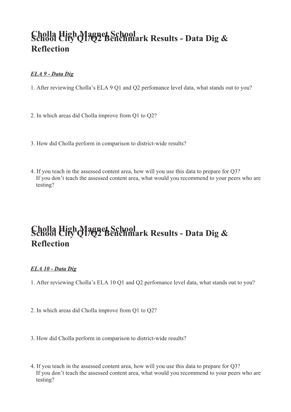 School City Q1/Q2 Benchmark Results - Data Dig & Reflection