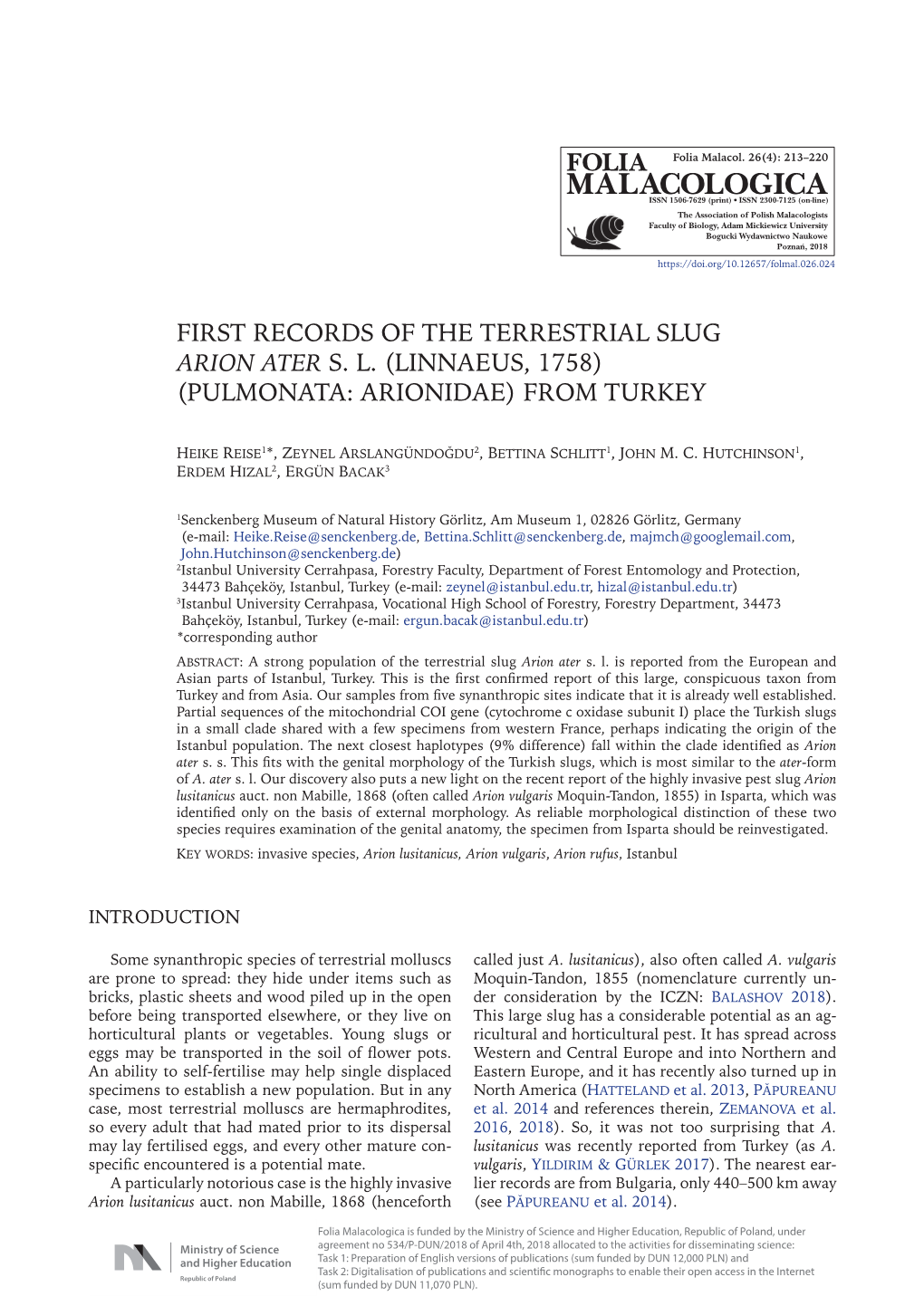 First Records of the Terrestrial Slug Arion Ater S. L. (Linnaeus, 1758) (Pulmonata: Arionidae) from Turkey