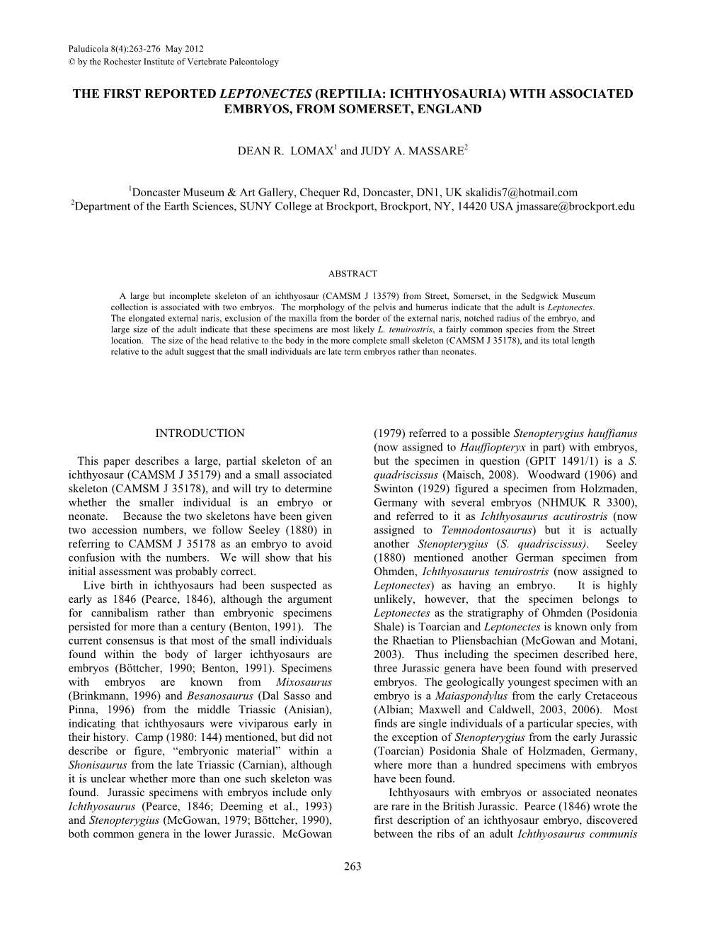 The First Reported Leptonectes (Reptilia: Ichthyosauria) with Associated Embryos, from Somerset, England