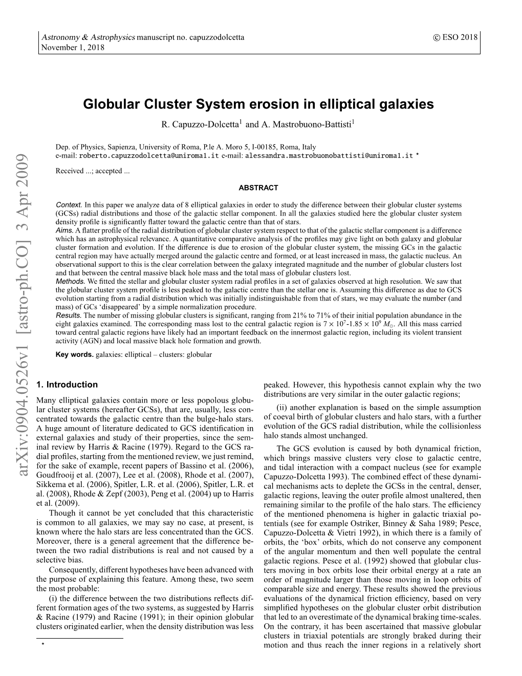 Globular Cluster System Erosion in Elliptical Galaxies Time (Capuzzo-Dolcetta 1993)