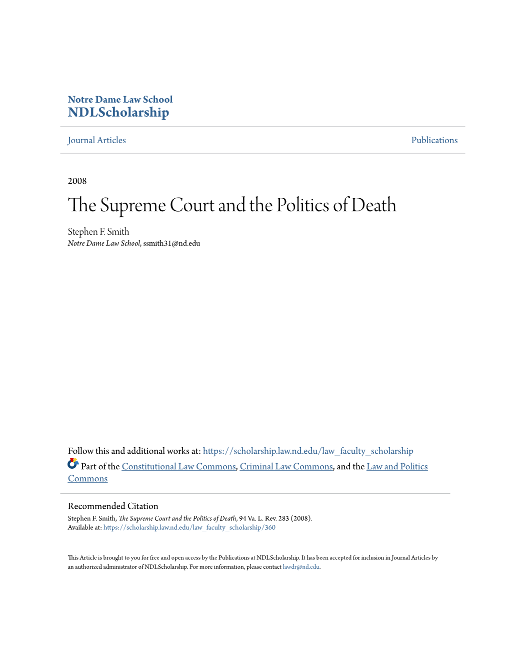 The Supreme Court and the Politics of Death, 94 Va