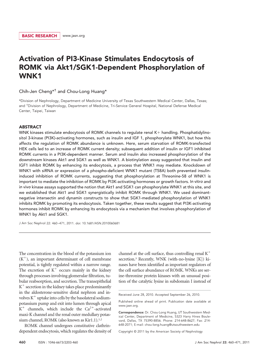 Activation of PI3-Kinase Stimulates Endocytosis of ROMK Via Akt1/SGK1-Dependent Phosphorylation of WNK1