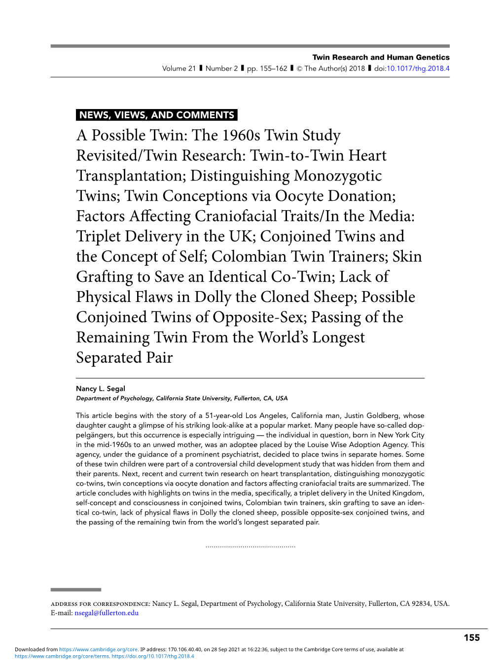 A Possible Twin: the 1960S Twin Study Revisited/Twin Research