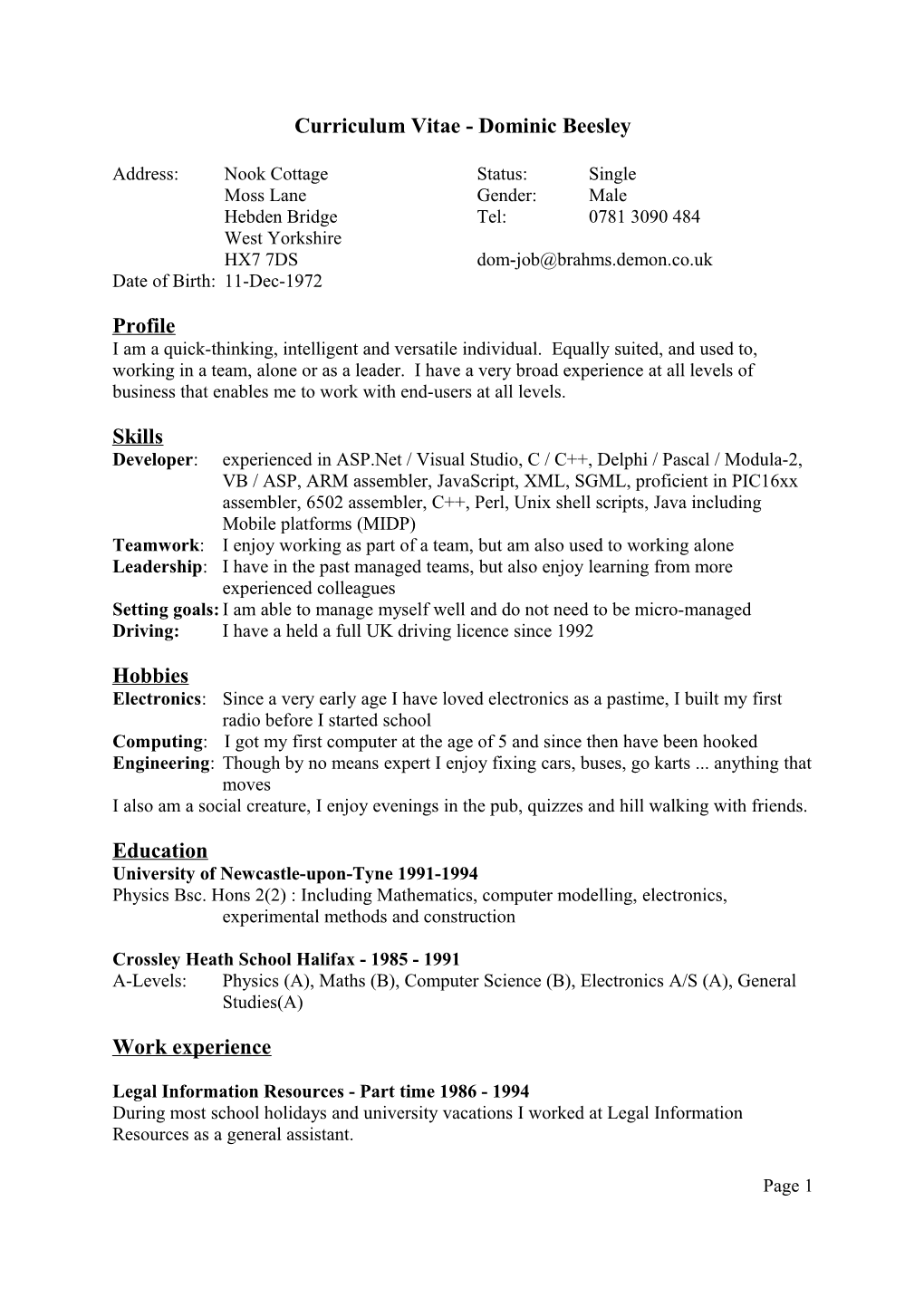 Curriculum Vitae - Dominic Beesley