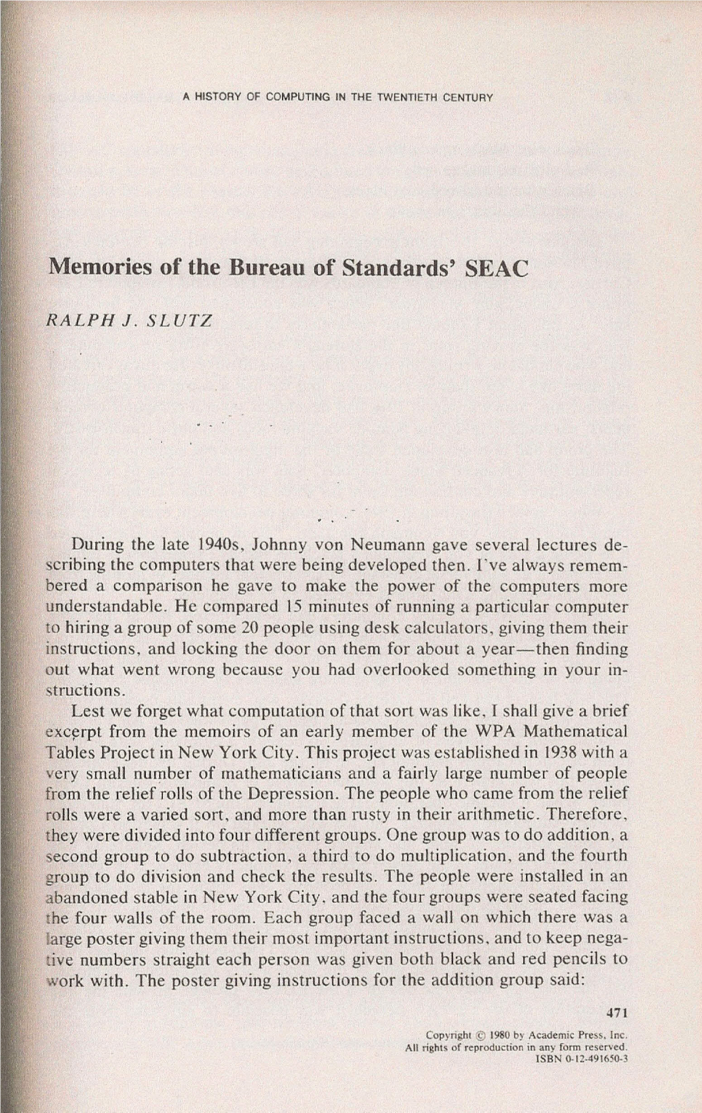 Memories of the Bureau of Standards' SEAC