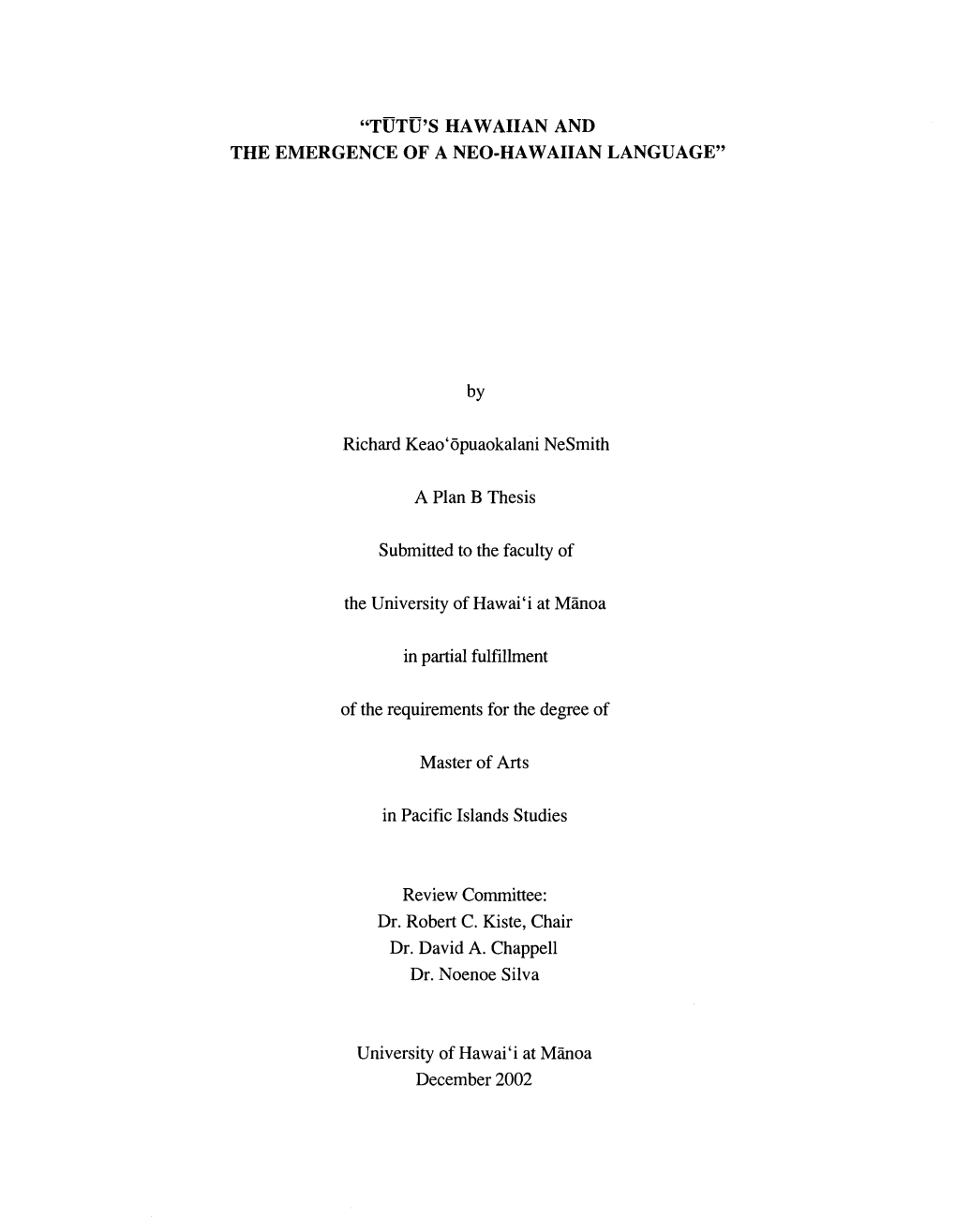 Tutu's Hawaiian and the Emergence of a Neo-Hawaiian Language