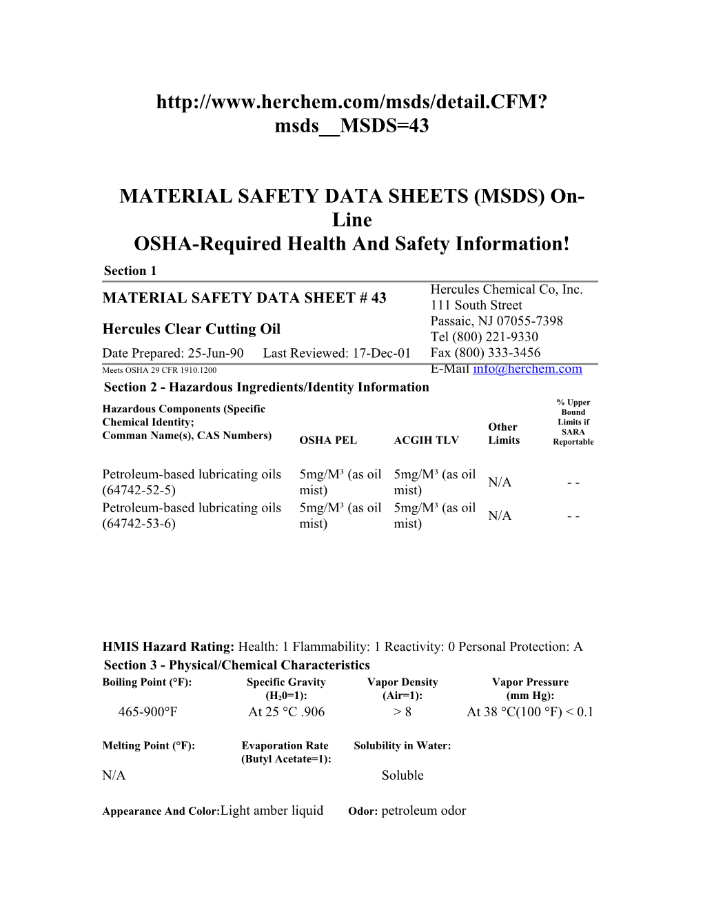 MATERIAL SAFETY DATA SHEETS (MSDS) On-Line OSHA-Required Health and Safety Information!