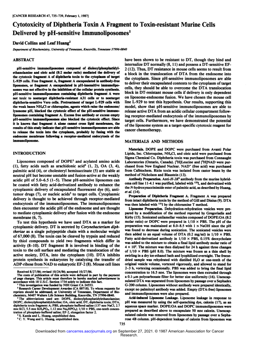 Cytotoxicity of Diphtheria Toxin a Fragment to Toxin-Resistant Murine Cells Delivered by Ph-Sensitive Immunoliposomes1