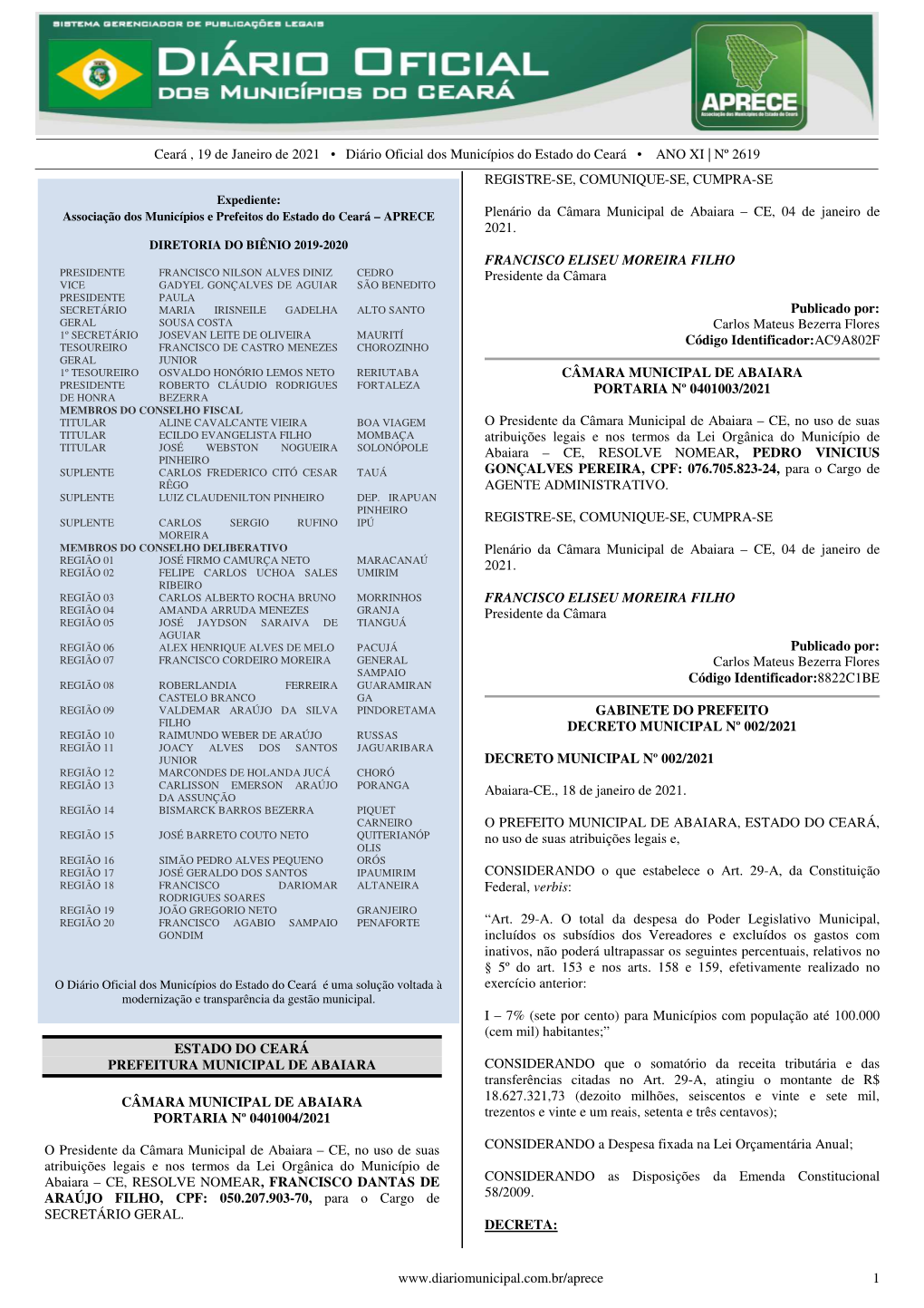 Ceará , 19 De Janeiro De 2021 • Diário Oficial Dos Municípios Do Estado Do Ceará • ANO XI | Nº 2619