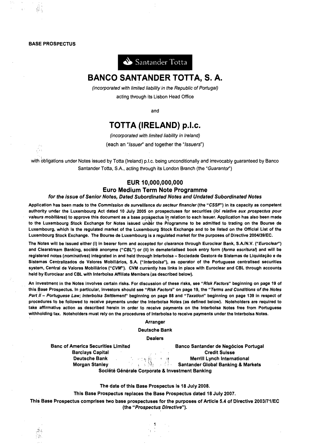 BANCO SANTANDER TOTTA, S. A. TOTTA (IRELAND) P.L.C