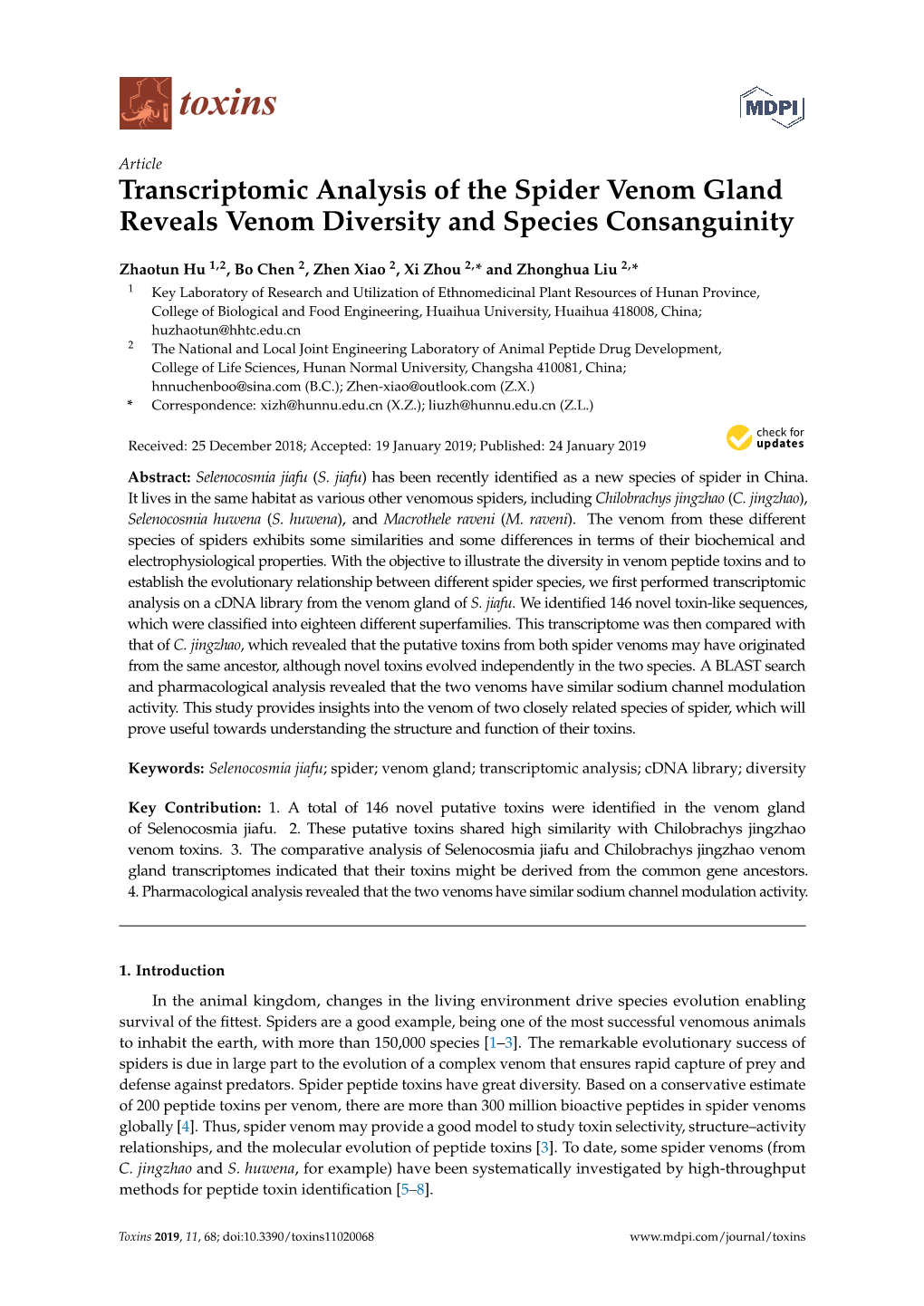 Transcriptomic Analysis of the Spider Venom Gland Reveals Venom Diversity and Species Consanguinity