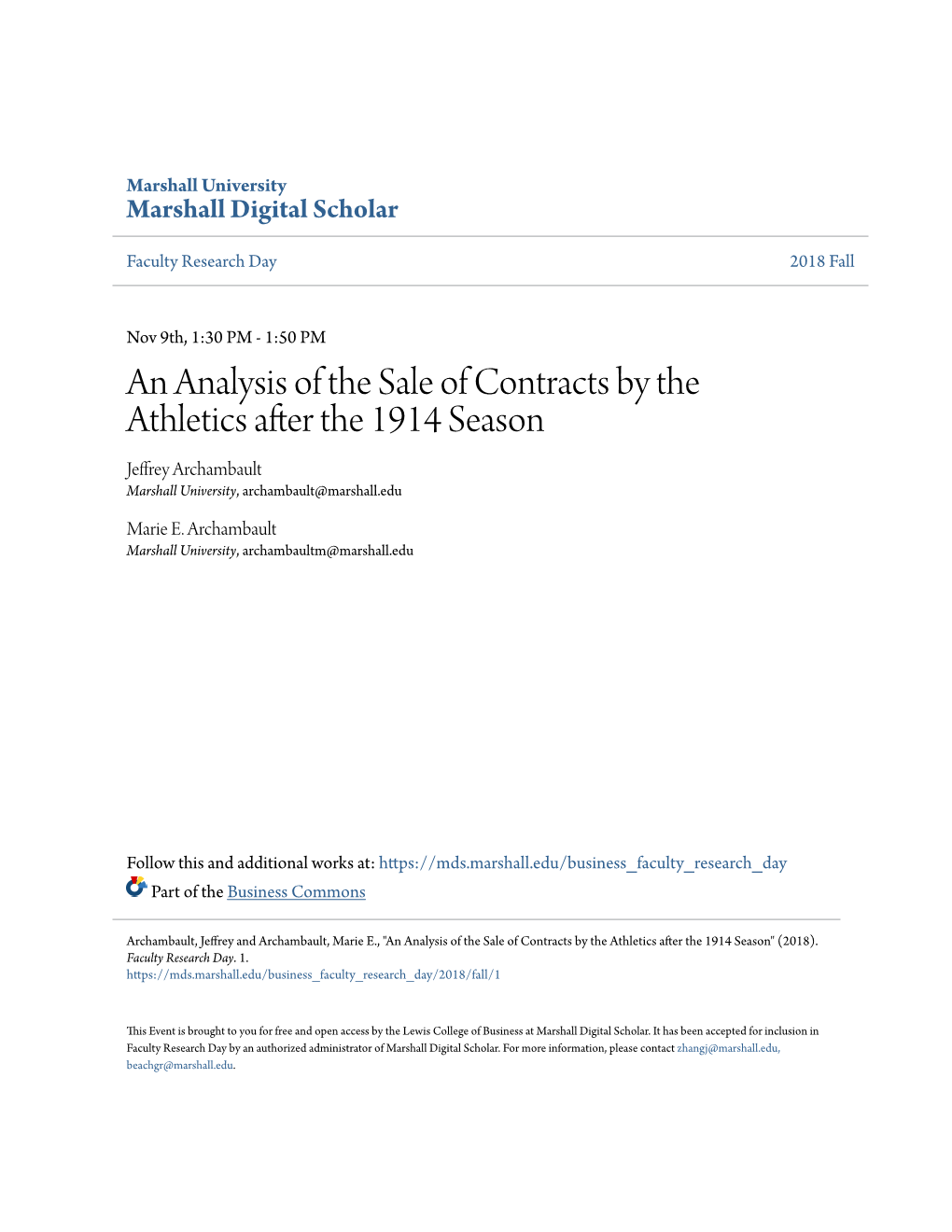 An Analysis of the Sale of Contracts by the Athletics After the 1914 Season Jeffrey Archambault Marshall University, Archambault@Marshall.Edu