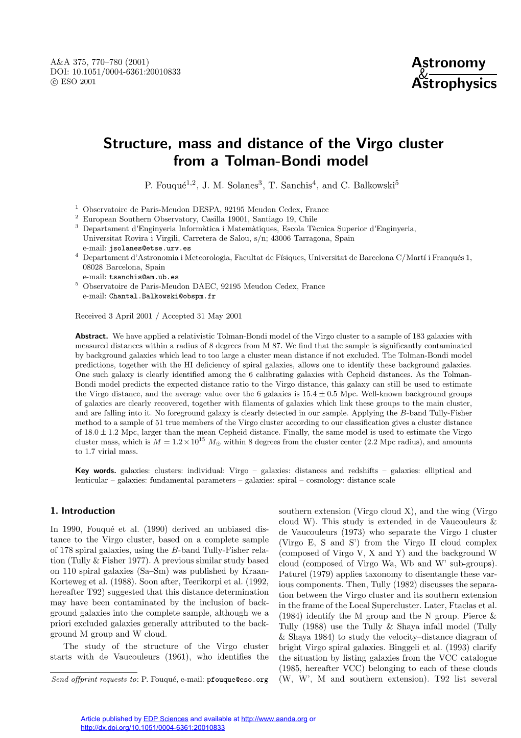 Structure, Mass and Distance of the Virgo Cluster from a Tolman-Bondi Model