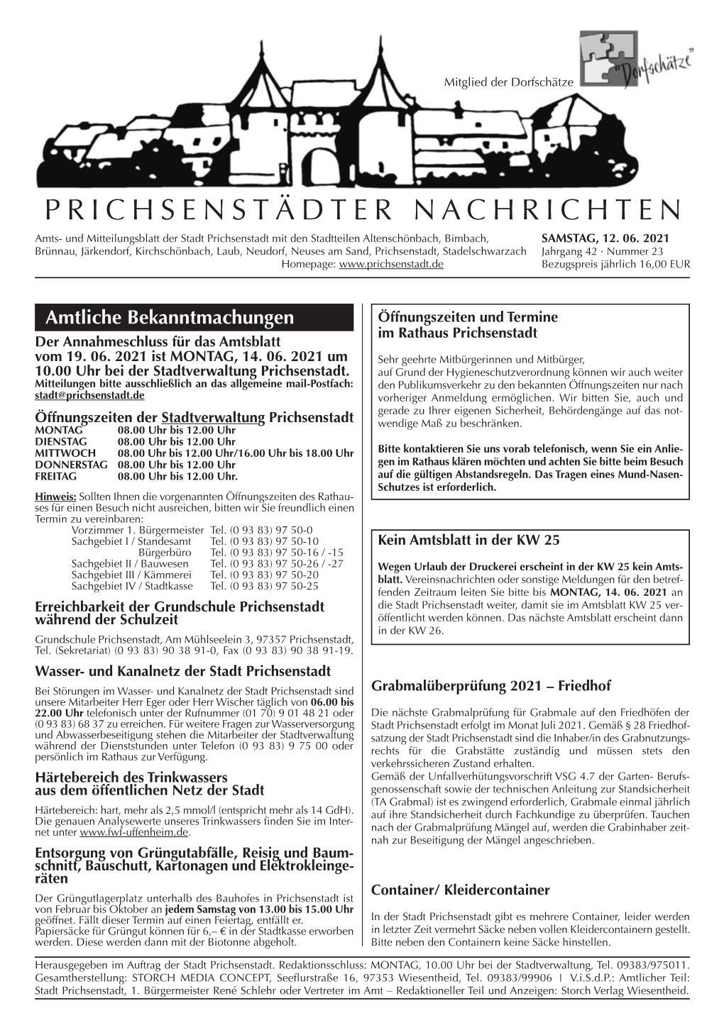 PRICHSENSTÄDTER NACHRICHTEN Amts- Und Mitteilungsblatt Der Stadt Prichsenstadt Mit Den Stadtteilen Altenschönbach, Bimbach, SAMSTAG, 12