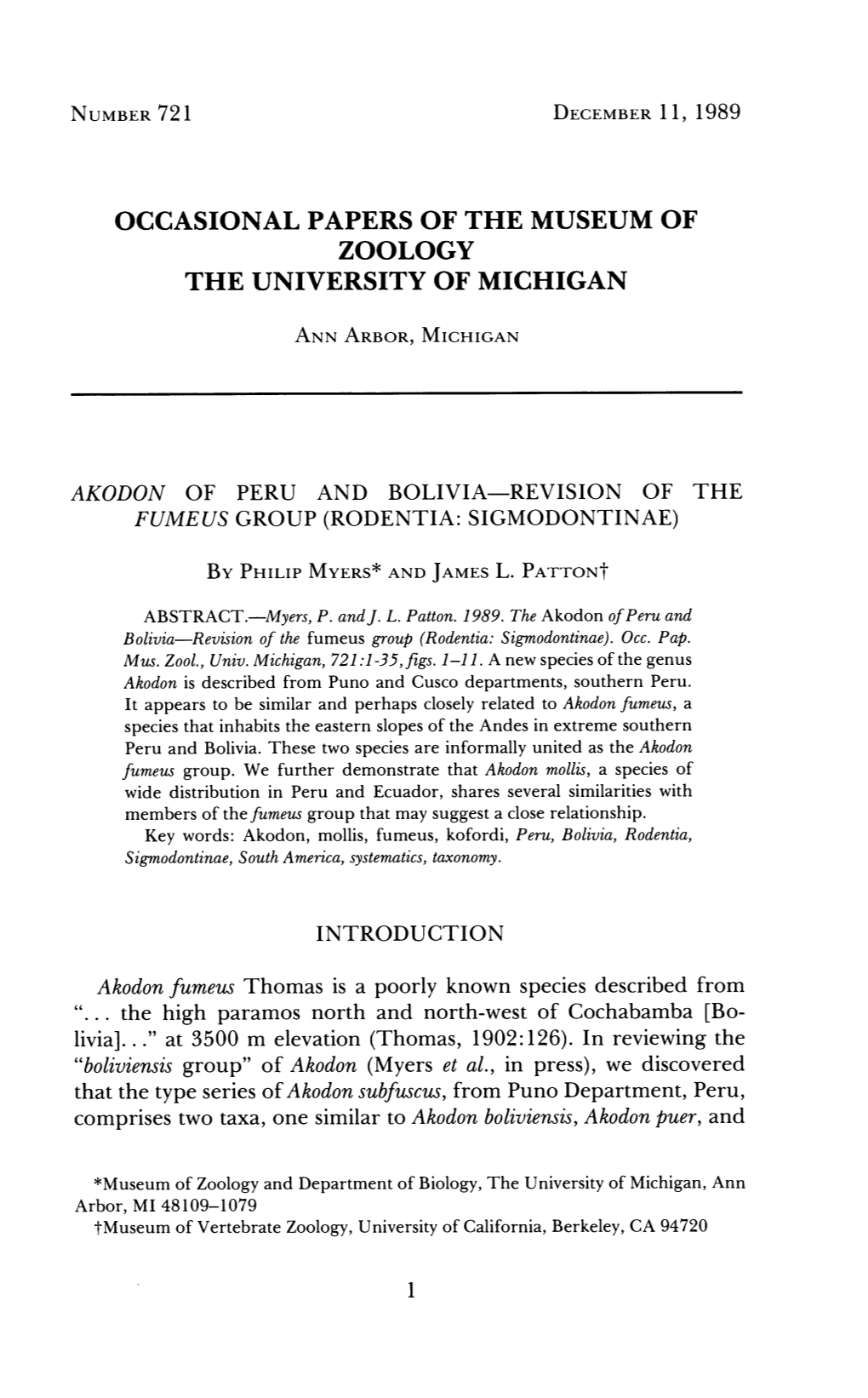 Occasional Papers of the Museum of Zoology the University of Michigan