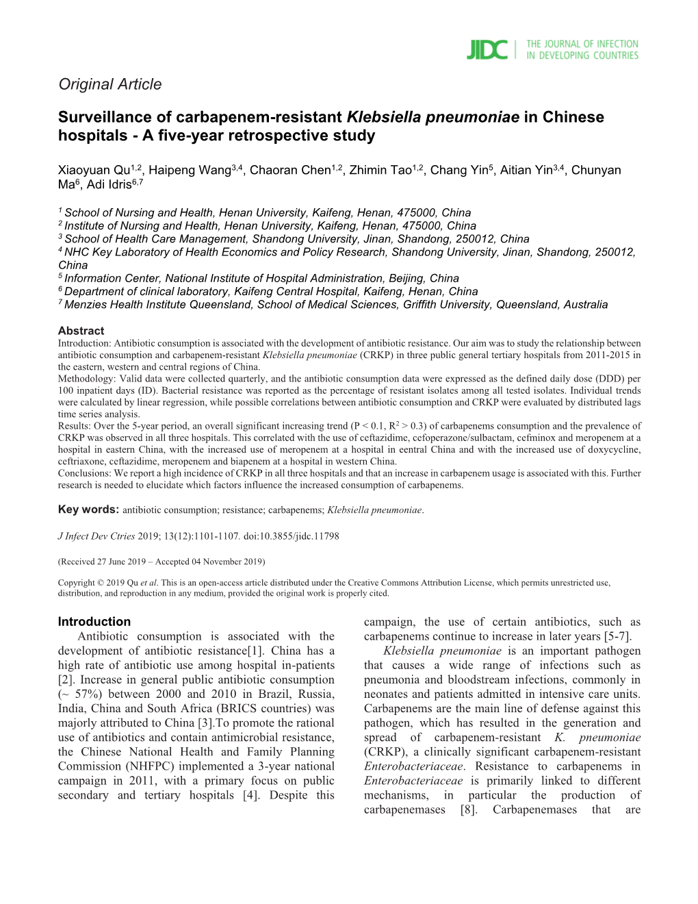 Surveillance of Carbapenem-Resistant Klebsiella Pneumoniae in Chinese Hospitals - a Five-Year Retrospective Study