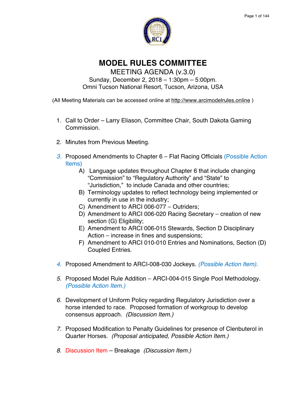 MODEL RULES COMMITTEE MEETING AGENDA (V.3.0) Sunday, December 2, 2018 – 1:30Pm – 5:00Pm