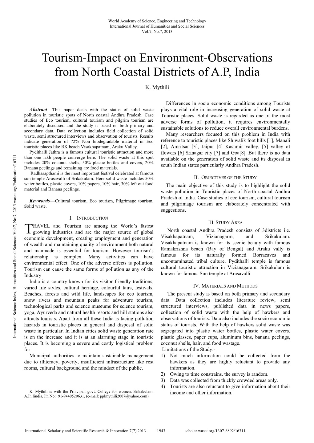 Tourism-Impact on Environment-Observations from North Coastal Districts of A.P, India