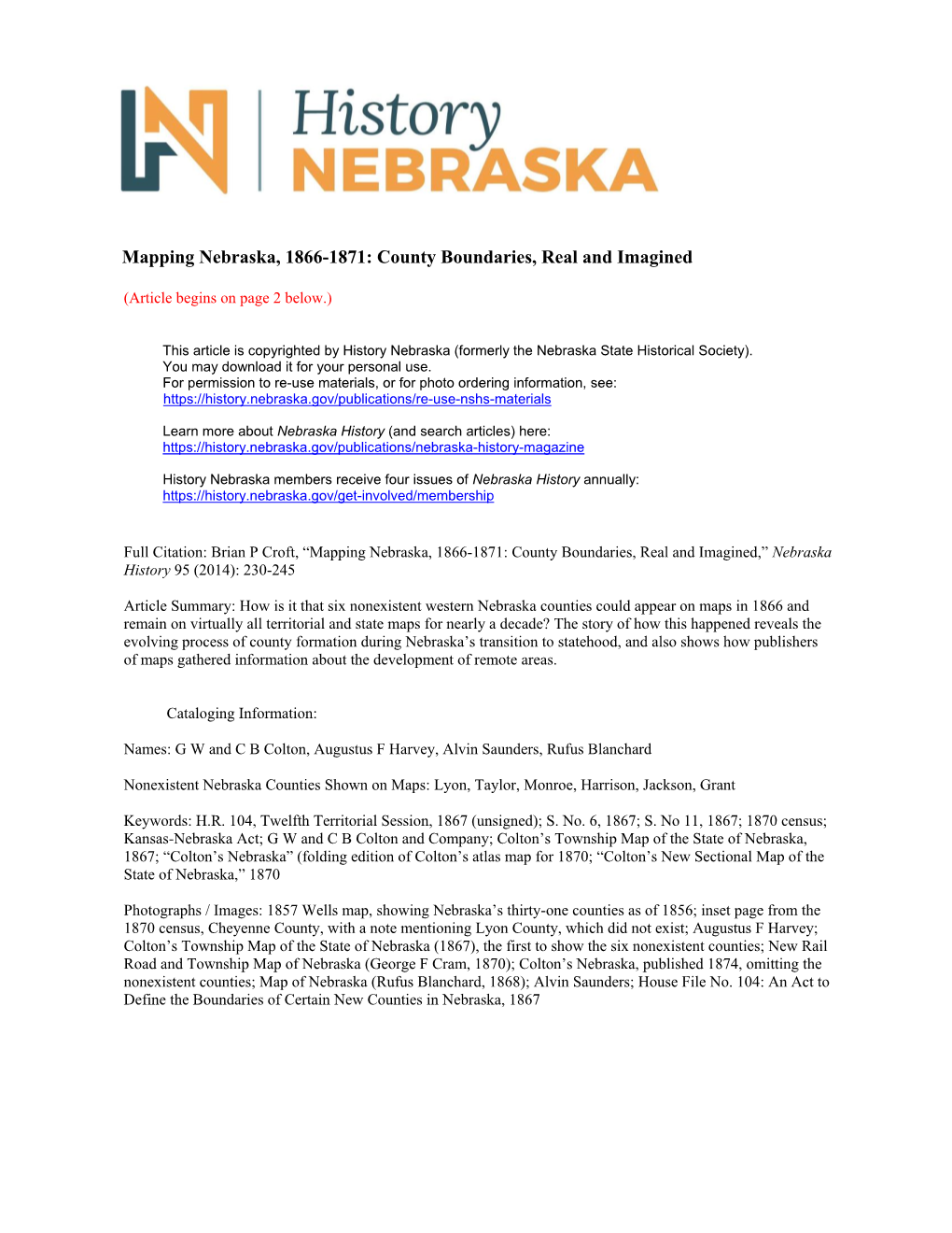 Mapping Nebraska, 1866-1871: County Boundaries, Real and Imagined