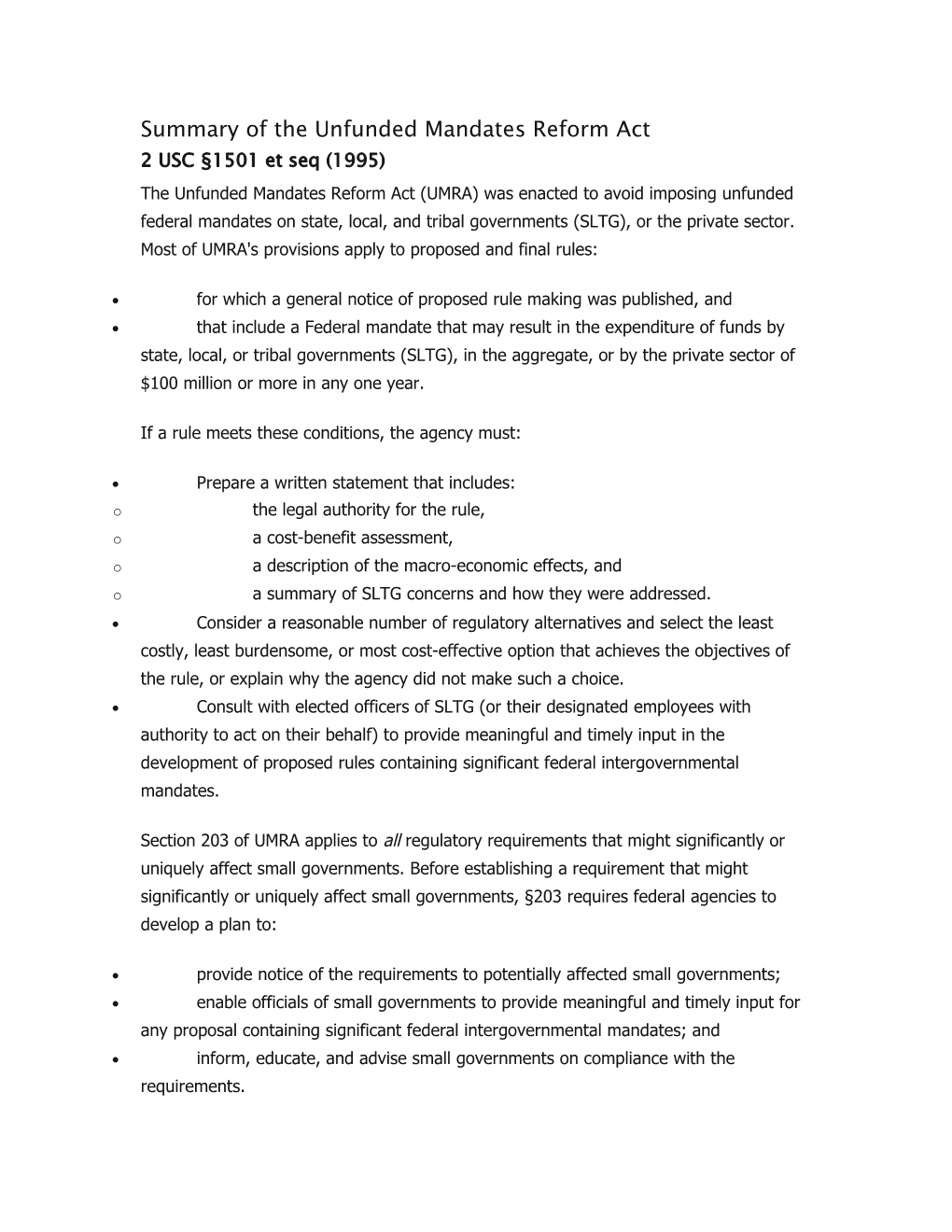 Summary of the Unfunded Mandates Reform Act