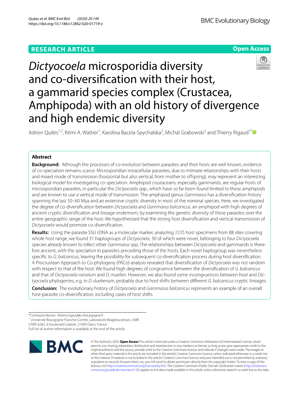 Dictyocoela Microsporidia Diversity and Co-Diversification with Their Host, a Gammarid Species Complex (Crustacea, Amphipoda)