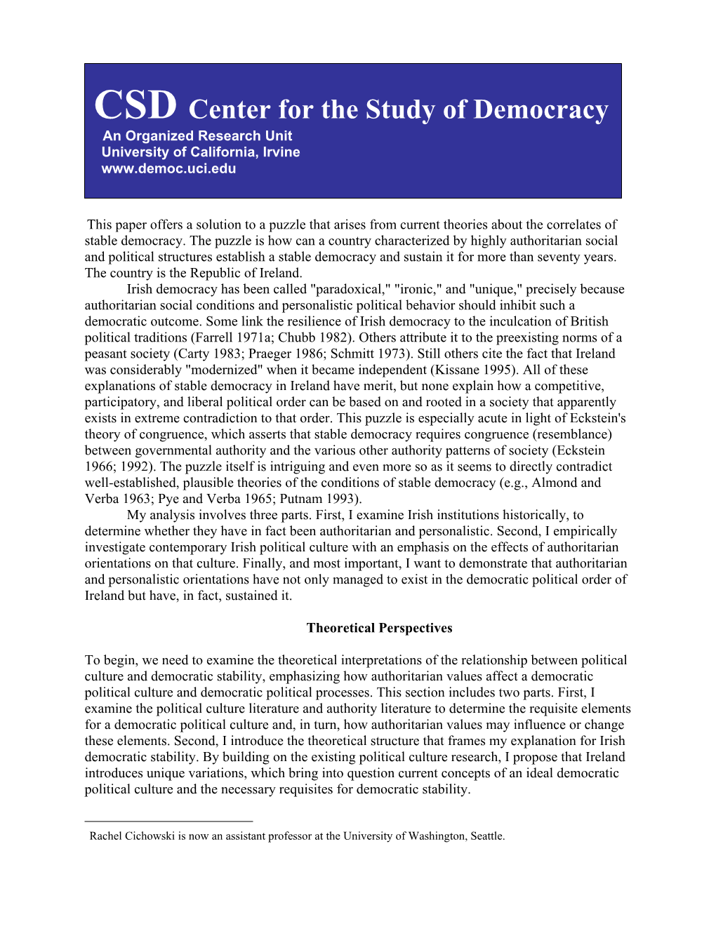 Sustaining Democracy: a Study of Authoritarianism and Personalism in Irish Political Culture