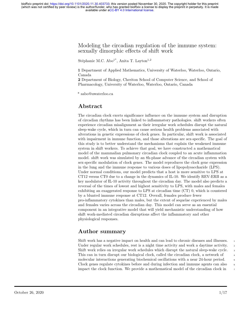 Modeling the Circadian Regulation of the Immune System: Sexually Dimorphic Effects of Shift Work