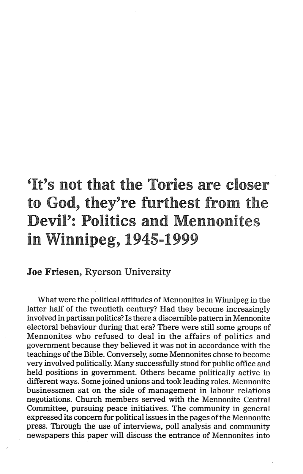 'It's Not That the Tories Are Closer in Winnipeg, 1945-1999