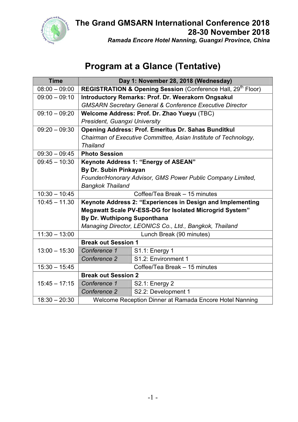 Tentative Conference Program