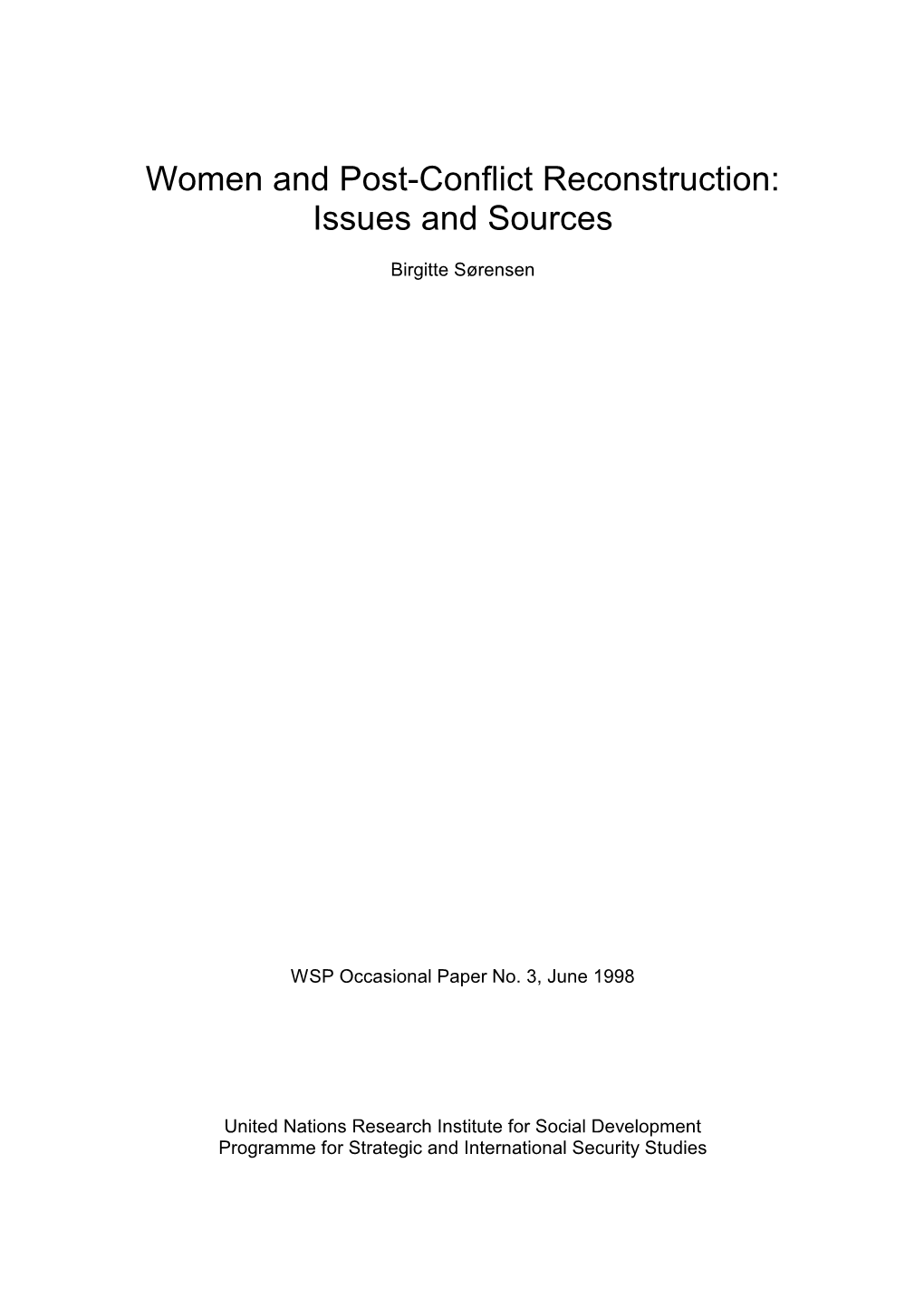 Women and Post-Conflict Reconstruction: Issues and Sources