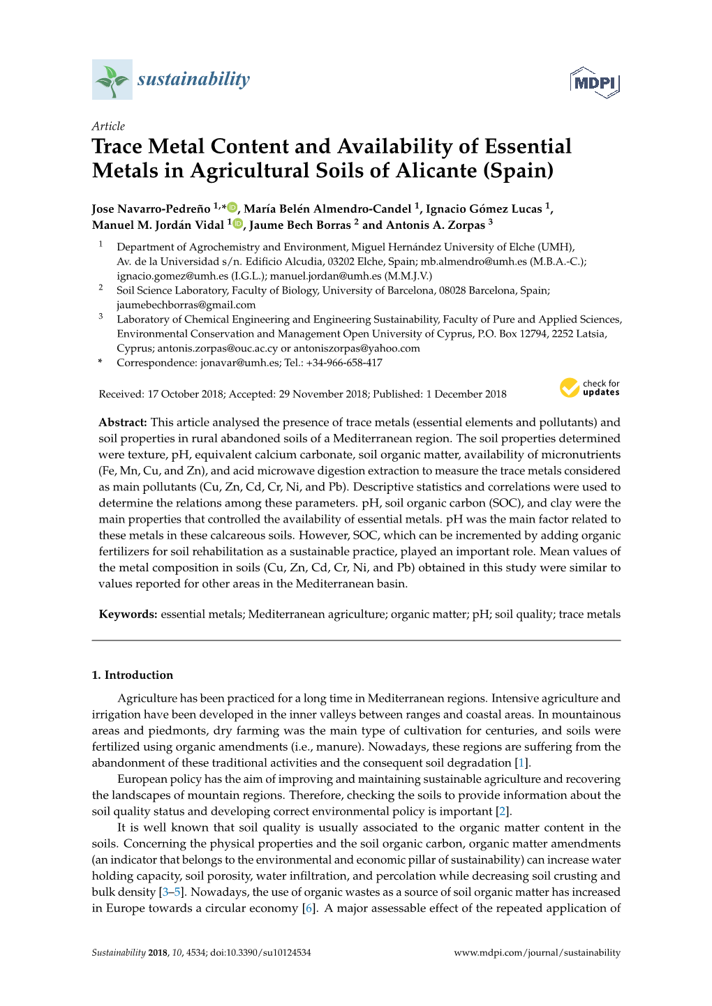 Trace Metal Content and Availability of Essential Metals in Agricultural Soils of Alicante (Spain)