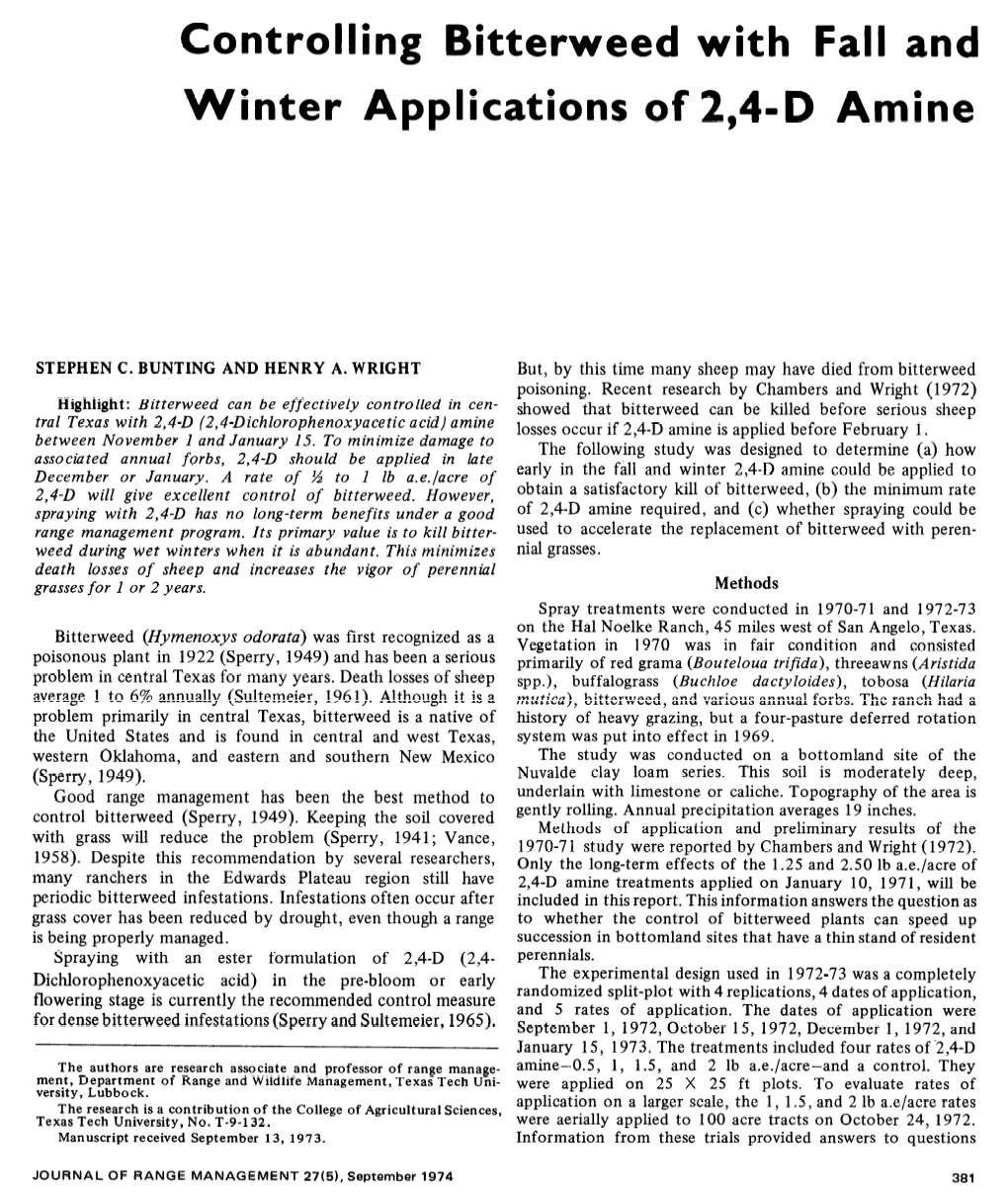Controlling Bitterweed with Fall and Winter Applications of 2,4-D Amine