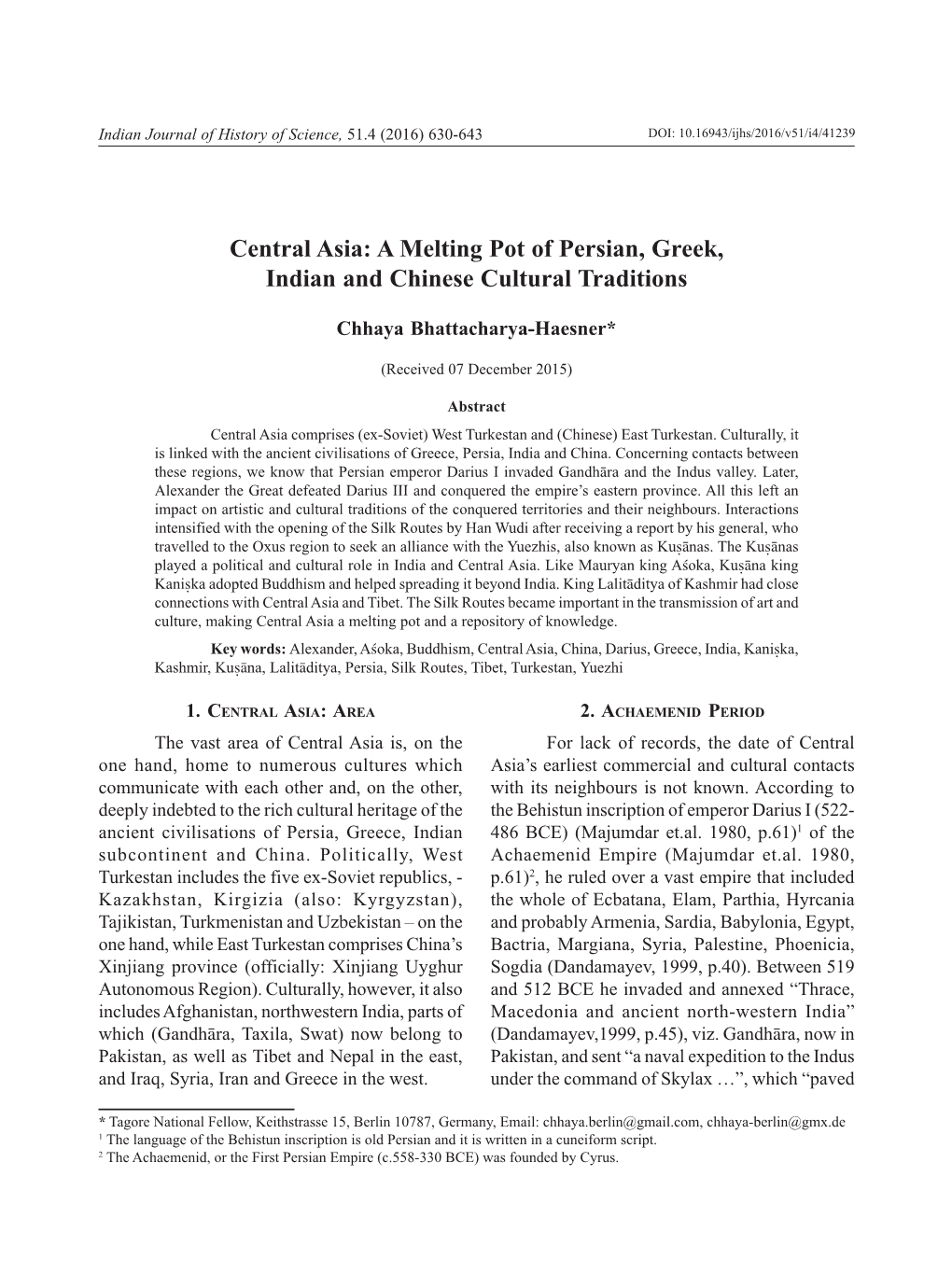 Central Asia: a Melting Pot of Persian, Greek, Indian and Chinese Cultural Traditions