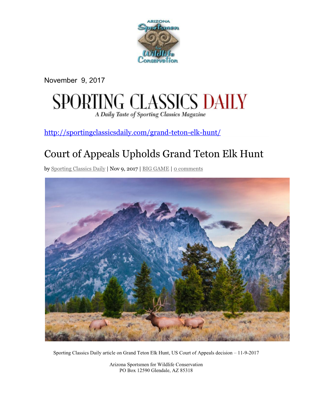 Court of Appeals Upholds Grand Teton Elk Hunt by Sporting Classics Daily | Nov 9, 2017 | BIG GAME | 0 Comments