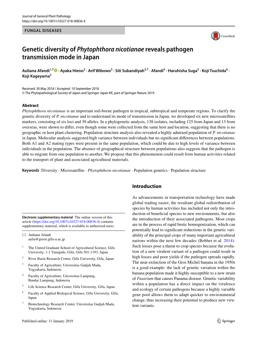 Genetic Diversity of Phytophthora Nicotianae Reveals Pathogen Transmission Mode in Japan