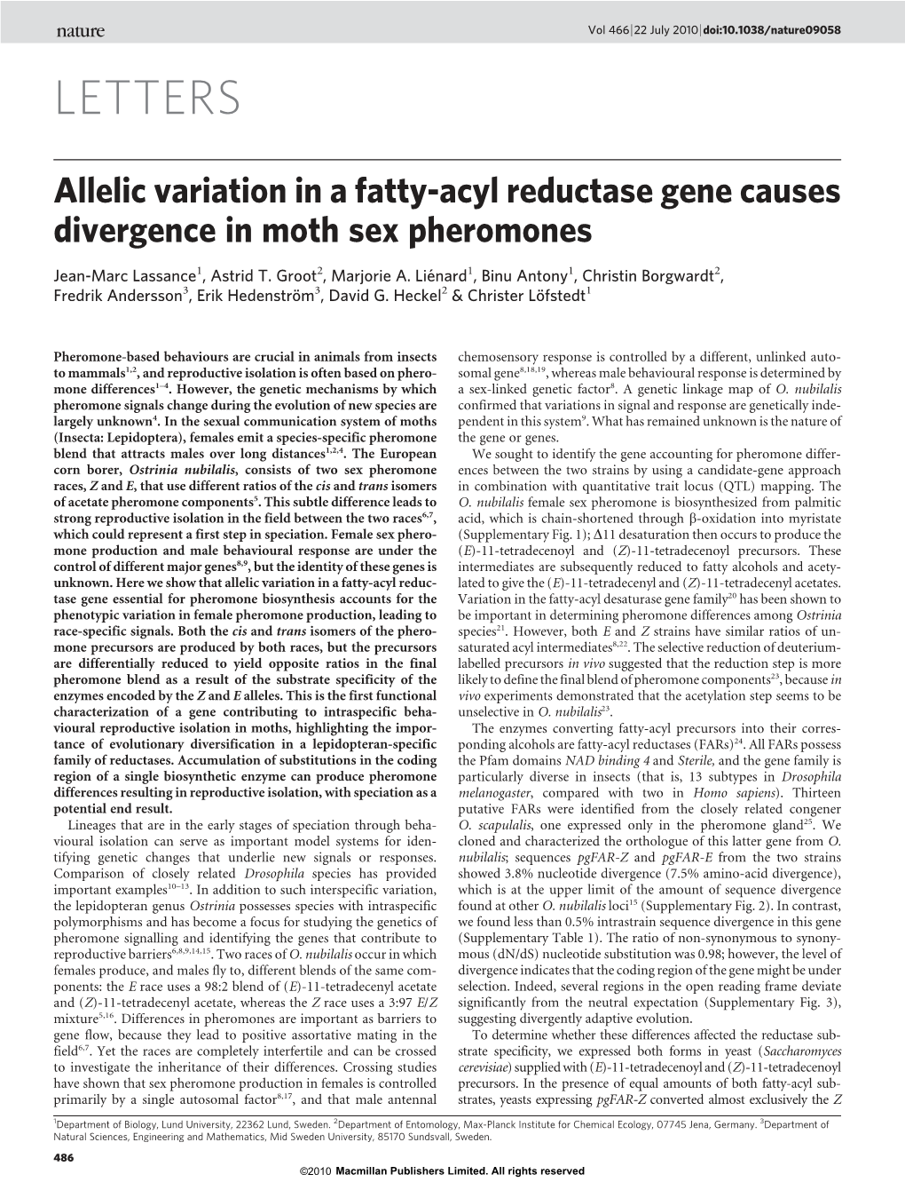 Allelic Variation in a Fatty-Acyl Reductase Gene Causes Divergence in Moth Sex Pheromones