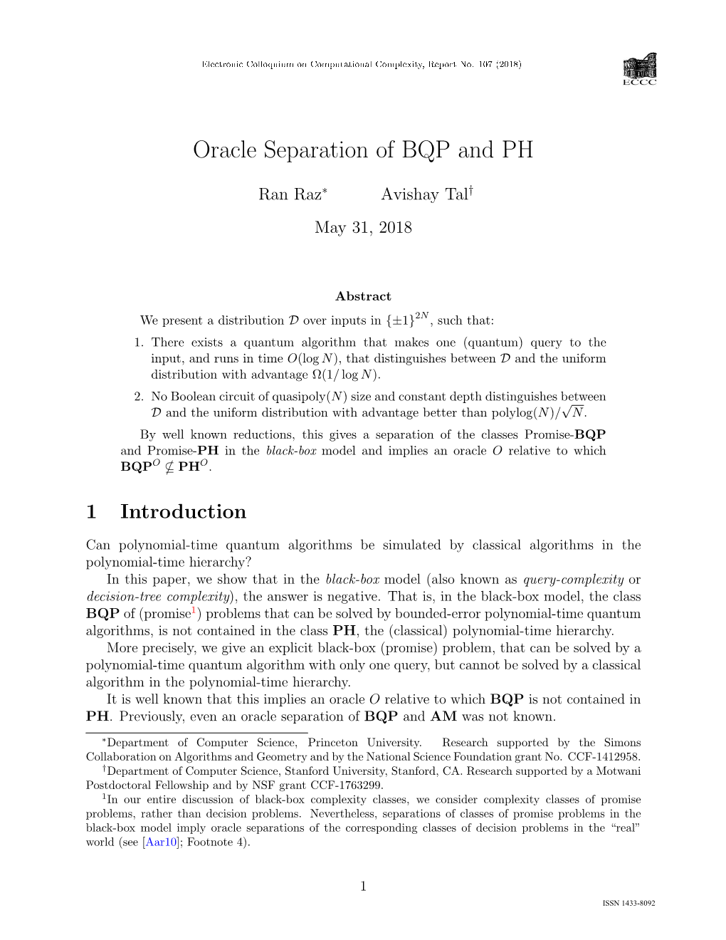 Oracle Separation of BQP and PH