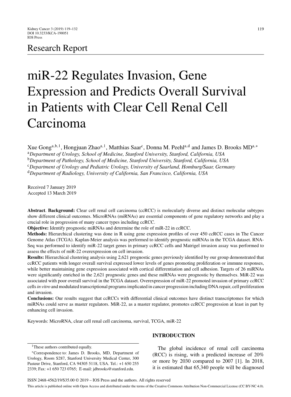 Mir-22 Regulates Invasion, Gene Expression and Predicts Overall Survival in Patients with Clear Cell Renal Cell Carcinoma