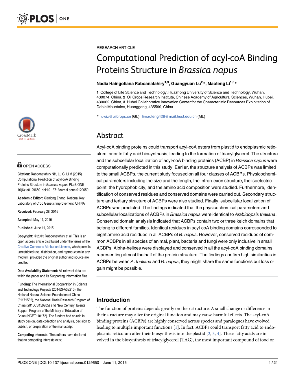 Computational Prediction of Acyl-Coa Binding Proteins Structure in Brassica Napus