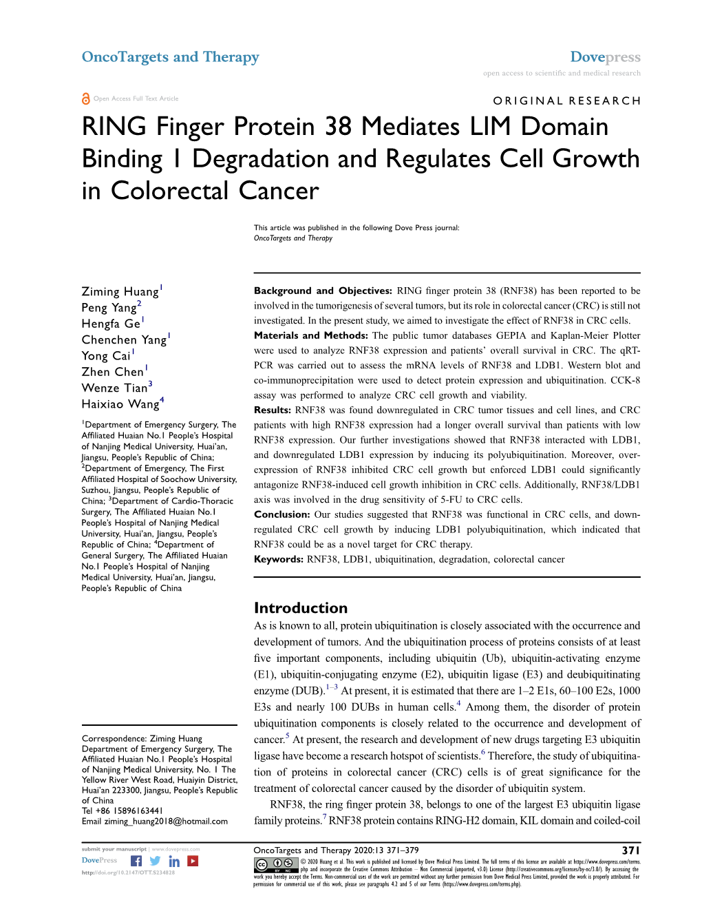 RING Finger Protein 38 Mediates LIM Domain Binding 1 Degradation and Regulates Cell Growth in Colorectal Cancer