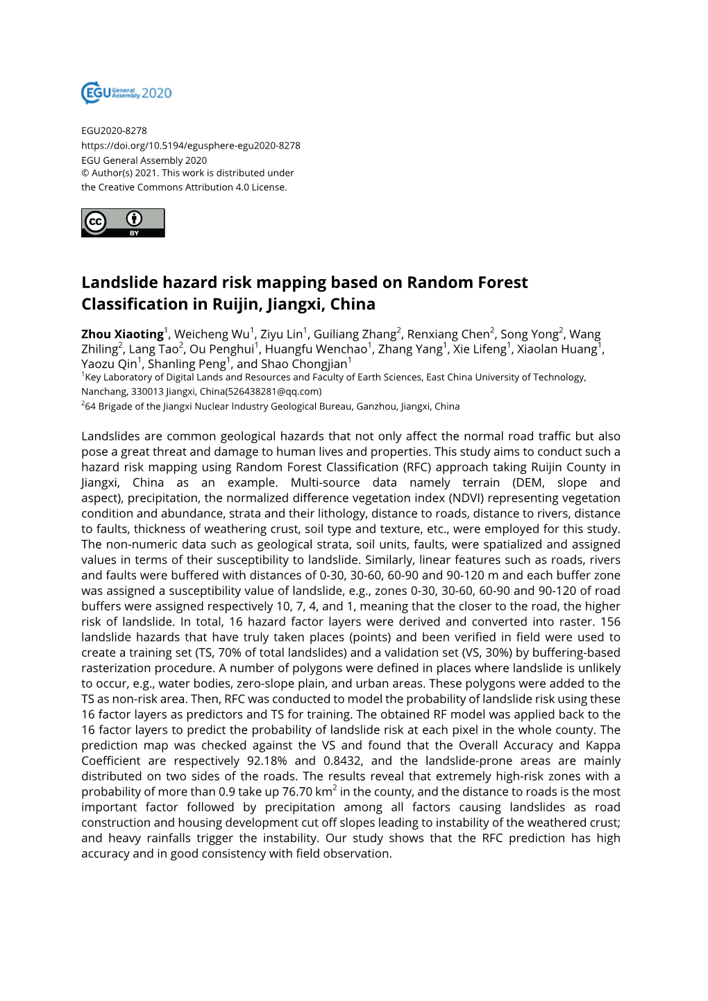 Landslide Hazard Risk Mapping Based on Random Forest Classification in Ruijin, Jiangxi, China