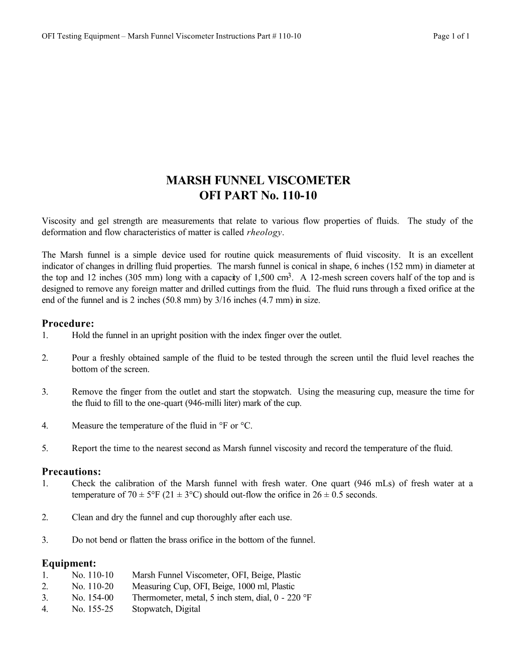 MARSH FUNNEL VISCOMETER OFI PART No. 110-10