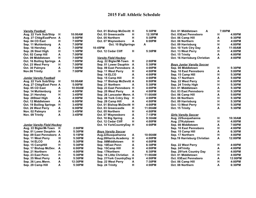 2015 Fall Athletic Schedule