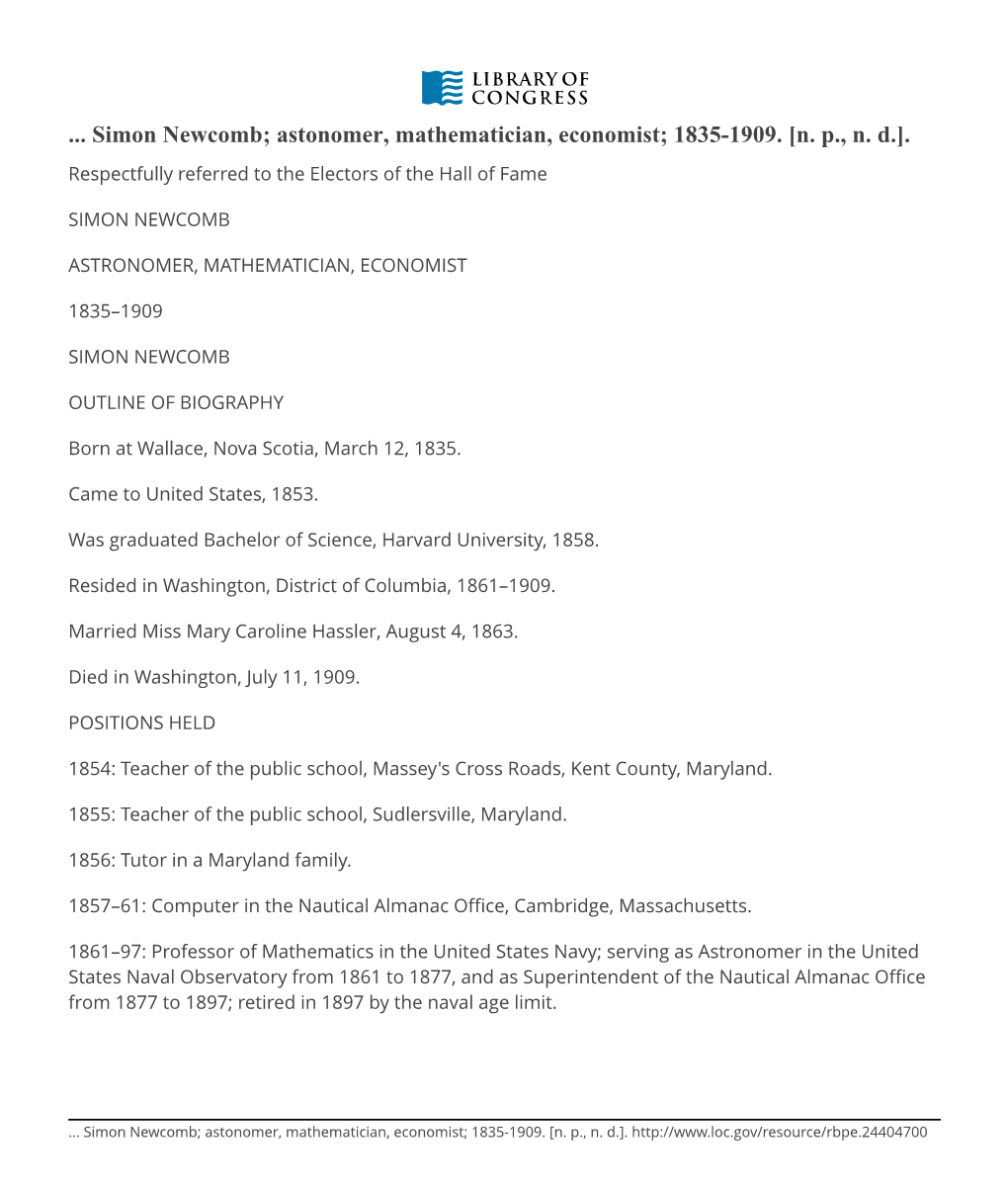 Simon Newcomb; Astonomer, Mathematician, Economist; 1835-1909