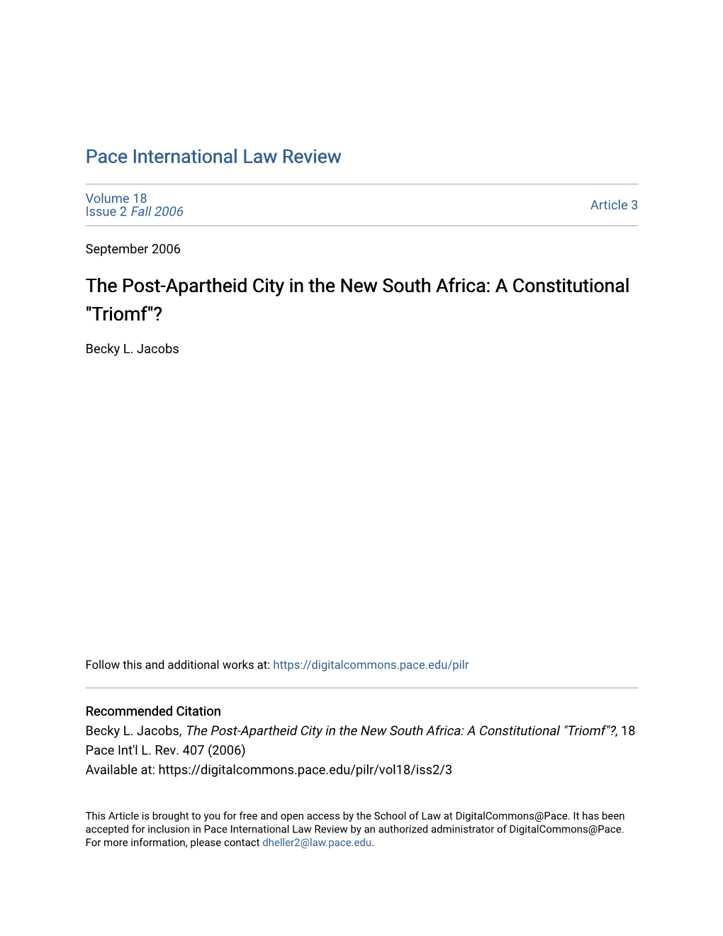 The Post-Apartheid City in the New South Africa: a Constitutional 